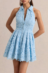 Milly | Powder Blue Lace Halter-Neck Mini Dress
