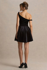 Leticia | Black Asymmetric-Neck Velvet Mini Dress With Twist-Sleeve