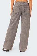 Tie Waist Washed Low Rise Baggy Jeans