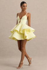 Flavia | Lemon Plunge-Neck Ruffled Skater Micro-Mini Dress