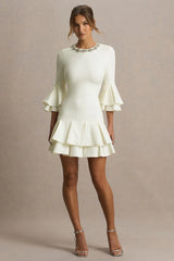 Mirna | Cream Crew Neck Mini Dress With Bell Sleeves And Ruffled Detailing