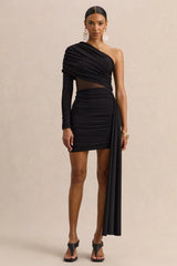 Celara | Black Asymmetric-Neck Mini Dress With Mesh-Detail And Sash