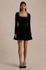 Beloved | Black Velvet Embellished Square-Neck Mini Dress