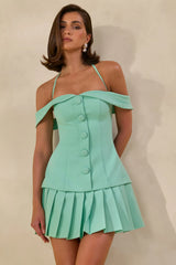 Celeta | Mint Bardot-Neck Mini Dress With Button-Detailing And Pleated-Hem
