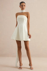 Elvara | White Lace Bandeau-Neck Mini Dress With Scarf Detail
