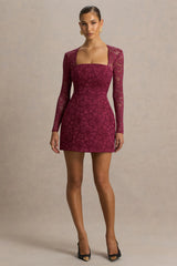 Bijou | Burgundy Square-Neck Lace Long-Sleeve Mini Dress