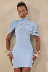 Perdi | Powder Blue Bodycon Mini Dress With Twisted Cape