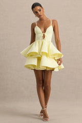 Flavia | Lemon Plunge-Neck Ruffled Skater Micro-Mini Dress