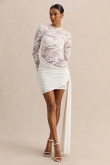 Milavia | White Lace Crew-Neck Mini Dress With Wrap & Sash Detail