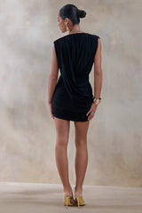Amy | Black Plunge-Neck Mini Dress With Draped-Detailing