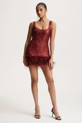 Rosalinda | Burgundy Sequin Square-Neck Mini Dress With Feather Trim