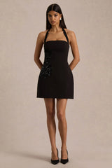 Lillian | Black Halter-Neck Mini Dress With Embellished Detailing