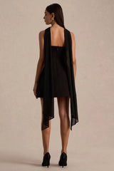 Noor | Black Bandeau-Neck Mini Dress With Scarf Detail