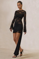 Milavia | Black Lace Crew-Neck Mini Dress With Wrap & Sash Detail