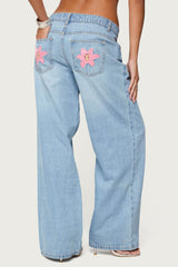 Mirra Embroidered Flower Low Rise Baggy Jeans
