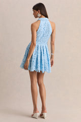 Milly | Powder Blue Lace Halter-Neck Mini Dress