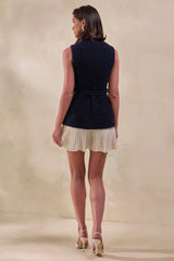 Anise | Navy Crew-Neck Belted Mini-Dress With White Pleated-Hem