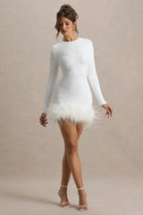 Claudia | White Sequin Crew-Neck Feather Hem Mini Dress With Long Sleeves