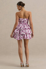 Swirl | Cream Floral Print Bandeau Puffball Mini Dress With Ruffle Detail