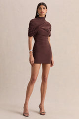 Perdi | Brown Bodycon Mini Dress With Twisted Cape