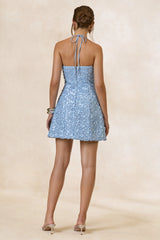 Bellina | Light Blue Embellished Bandeau-Neck Mini Dress