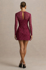 Bijou | Burgundy Square-Neck Lace Long-Sleeve Mini Dress