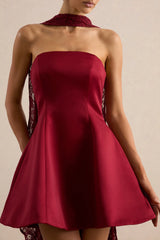 Lioray | Burgundy Satin Bandeau-Neck A-Line Mini Dress