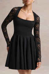 Elowen | Black Square-Neck Mini Dress With Lace-Sleeves