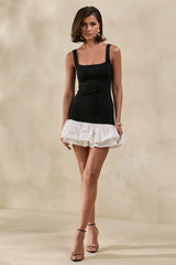 Isaline | Black & White Square-Neck Ruffled Mini Dress
