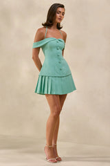 Celeta | Mint Bardot-Neck Mini Dress With Button-Detailing And Pleated-Hem