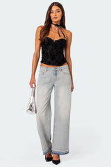 Distressed Hem Low Rise Baggy Jeans