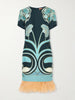 Swing printed feather-trimmed silk-twill mini dress