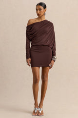 Inoria | Brown Asymmetric-Neck Mini Dress