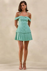 Celeta | Mint Bardot-Neck Mini Dress With Button-Detailing And Pleated-Hem