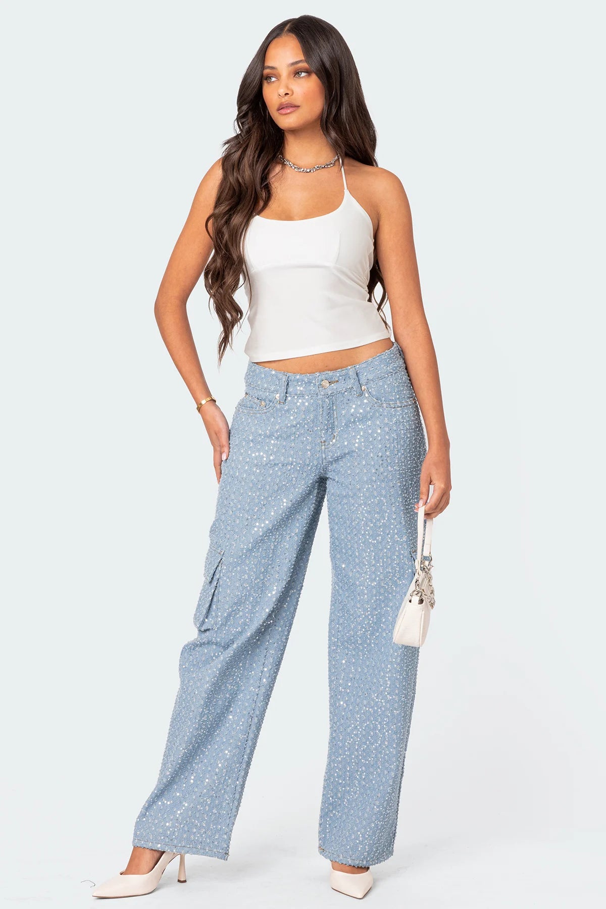 Icing Sequin Low Rise Baggy Cargo Jeans