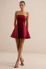 Lioray | Burgundy Satin Bandeau-Neck A-Line Mini Dress