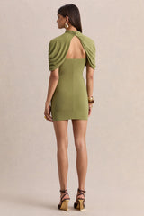 Perdi | Olive Bodycon Mini Dress With Twisted Cape