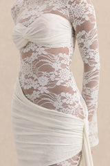 Milavia | White Lace Crew-Neck Mini Dress With Wrap & Sash Detail