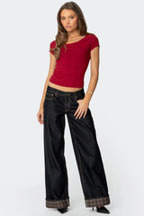 Plaid Cuffed Low Rise Baggy Jeans