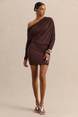 Inoria | Brown Asymmetric-Neck Mini Dress