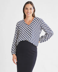 Ashley Geometric Wave-Print V-Neck Long-Sleeve Blouse