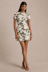 Ophelia | White And Green Embellished Sequin Floral And Mesh Mini Dress With Short Sleeves