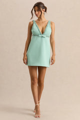 Amely | Green Plunge-Neck Mini Dress With Bow-Detail