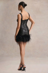 Rosalinda | Black Sequin Square-Neck Mini Dress With Feather Trim