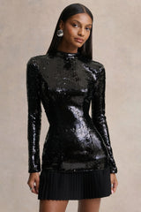 North | Black Sequin High-Neck Mini Dress With Pleats