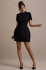Carabella | Black High-Neck Short-Sleeve Mini Dress