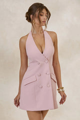 Carlin | Pink Plunge-Neck Tailored Mini Dress With Button Detailing