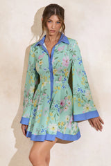 Ionee | Mint Floral Border Print Mini Shirt Dress