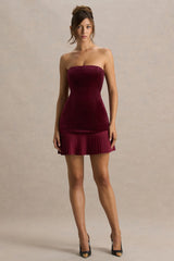 Valentina | Burgundy Velvet Bandeau Mini Dress With Pleated Detailing