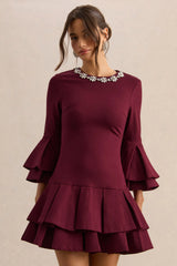 Mirna | Burgundy Crew-Neck Mini Dress With Bell Sleeves And Ruffled Detailing